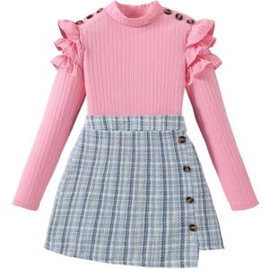 Girls Clothes Skirt Set 2 Piece Ruffle Sleeve Shirts and Plaid Skirts Fall Winter Outfits (11-12 Years, Pink & Plaid Blue)