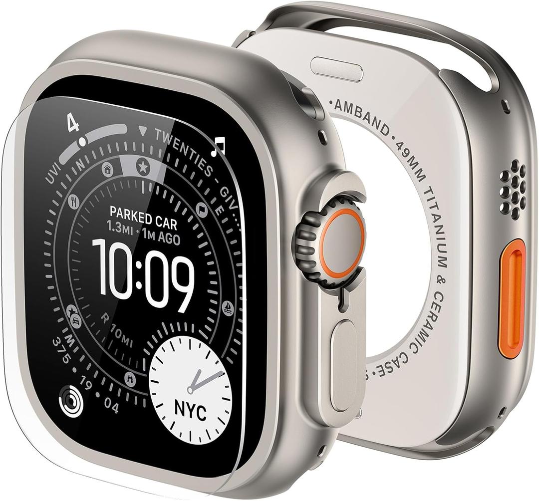 amBand Metal Case Screen Protector for Apple Watch Ultra 3/Ultra 2/Ultra 49mm, W3 Rugged Bumper Thin Frame with 9H Tempered Glass Film & Back Cover, [Waterproof] [Band Compatible], Natural Titanium