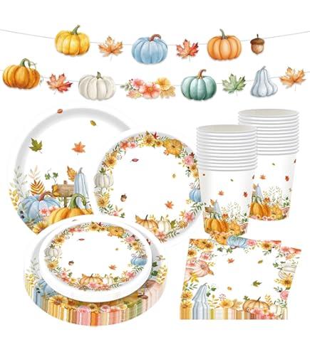 142 Pcs Thanksgiving Party Supplies, Plates and Napkins Set, Disposable Party Plates for Fall Harvest Autumn Fall Harvest Party Supply Thanksgiving Decor Serves 20