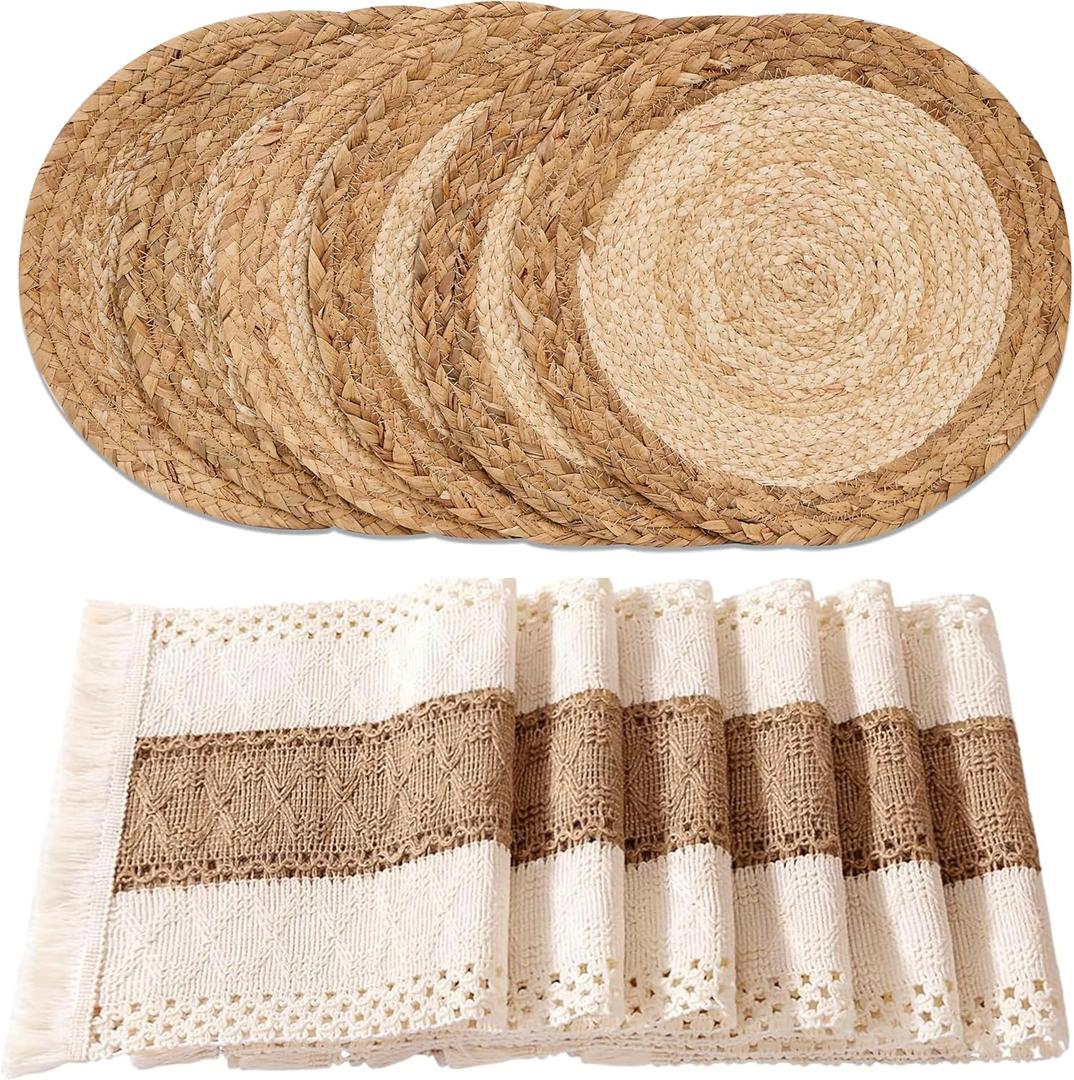 Handmade Boho Placemats Set of 6 - Natural Cotton Burlap and Water Straw Woven Rattan Wicker Braided Combination Table Mats, Macrame Table Decor Farmhouse Bohemian Style for Dining Room Table Kitchen