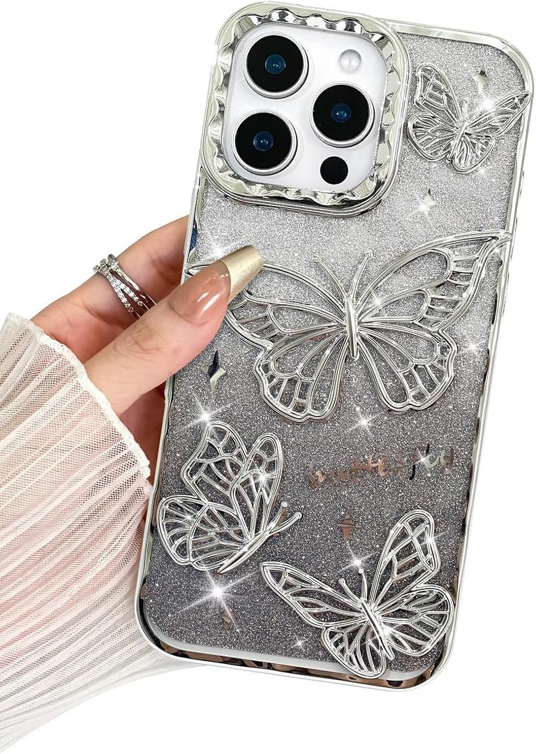 BITOBE Designed for iPhone 11 Pro Max, Cute 3D Butterfly Case Slim Plating Glitter Bling Luxury Cover for Women Girls Protective Camera Protection Bumper 6.7" Silver