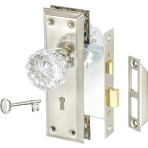 3 Pack Mortise Lock Set for Interior Door, Antique Crystal Glass Door Knobs with Lock and Skeleton Key, Brushed Nickel Finish