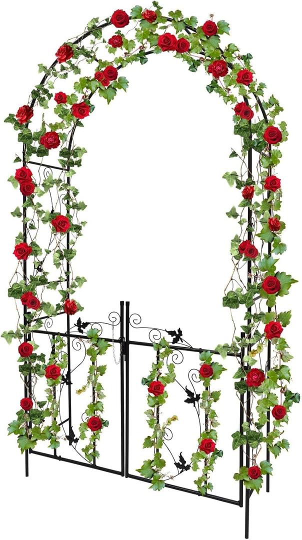 Kalolary Garden Arch with Gate, Heavy Duty Metal Butterfly Garden Arbor for Climbing Plant Metal Raised Bed Rose Vines Climbing Support for Lawn Backyard Patio Outdoor Decoration (91"x45"x15")