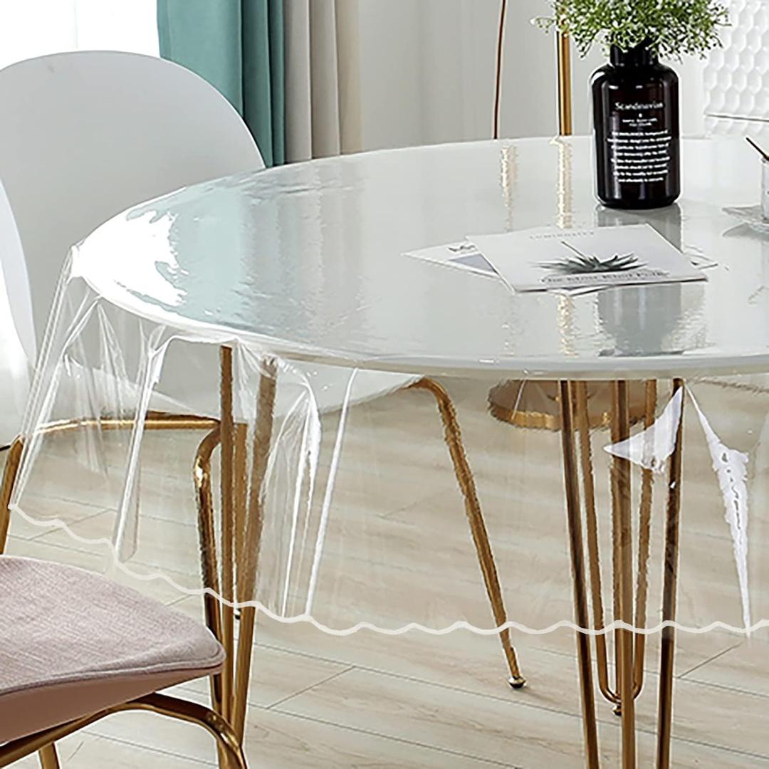 Clear Table Protector Thick Transparent Plastic  Tablecloth Waterproof and OilProof Perfect for Round Dinner Table and Writing Desk – 70 Inch
