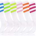 Syhood 6 Pairs Neon Knee High Socks Stretchy Roller Skate Socks for Women, Men, Soccer Softball Team Sports, One Size, White, Mixed Colors Stripes