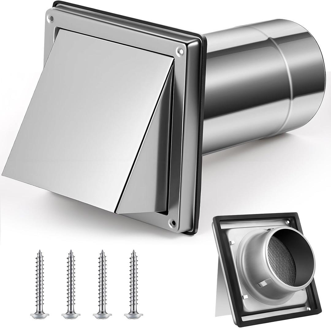 Gisafai 4" Dryer Vent Cover Outside with Stainless Steel Guard Wall Dryer Exhaust Cap and Removable Extended Pipe Vent Shroud Hood Cushioned Non Return Flap with Sealing Gasket Grille(Silver)