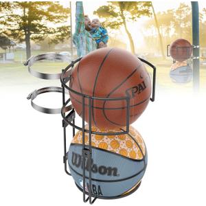 Outdoor Basketball Holder - Sturdy Vertical Storage Rack Metal Ball Holder, Pole Mount Basketball Rack,Wall Mounted Storage for 2 Balls, Basketballs Goal Accessories