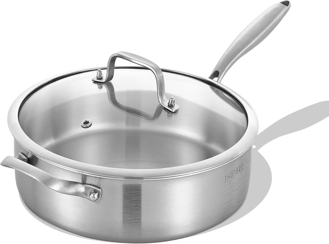 Inqibee Tri-Ply 7 Quarts Stainless Steel Saut Pan with Lid, 12 Inch Induction Deep Frying Pan, Large Skillet,Jumbo Cooker, Dishwasher and Oven Safe,Detachable Handle.