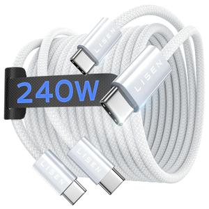 LISEN 240W USB C to USB C Cable Fast Charging Computer Security Cables Type C Charger Fast Charging Cord Type C Cable for iPhone 17 16 iPad MacBook Pro Air Samsung S25,10ft+10ft/2 Pack/White