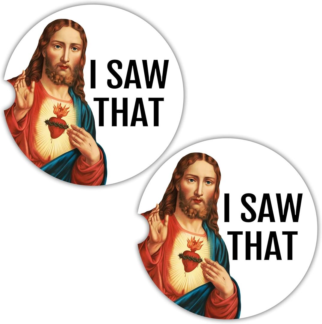 Funny Car Coasters for Cup Holders - 2 Pack Cute I Saw That Jesus Car Accessories for Women Men, Funny Christian Jesus Meme Stuff Decor, Absorbent Ceramic Cup Holder Coaster for Car, Catholic Gag Gift