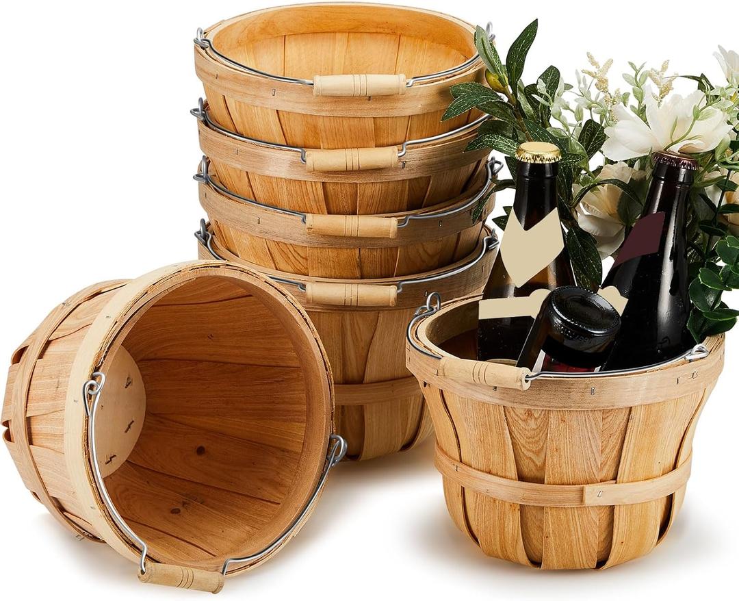 6 Pack Round Wooden Fruit Baskets Small Bushel Apple Buckets with Handle Display Buckets for Gifts Empty Easter Spring Winter Basket for Fruits Vegetables, Home Party Supplies