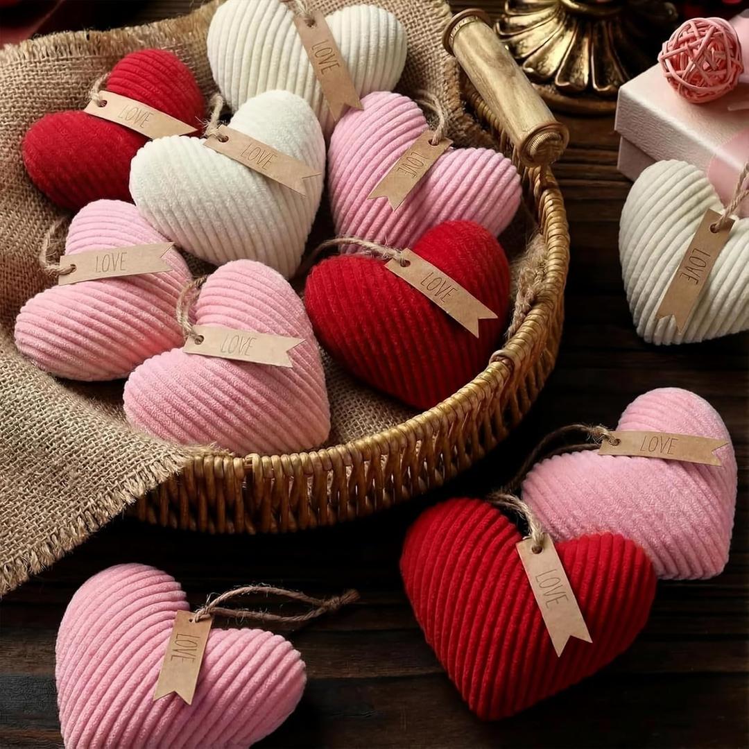 24 Pcs Valentines Heart Ornaments, 2.56 Inch Heart Shape Hanging Ornaments DIY Crafts Baubles for Gift Wrapping Wedding Anniversary Engagement Romantic Party Decor(Red Pink White)