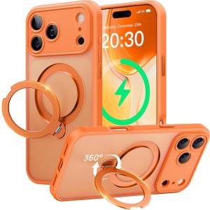 360 Spin Magnetic Stand for iPhone 17 Pro Case, [Fit for MagSafe][Military Protection][Full Camera Protection] Adjustable Kickstand iPhone Case for iPhone 17 Pro 6.3", Cosmic Orange