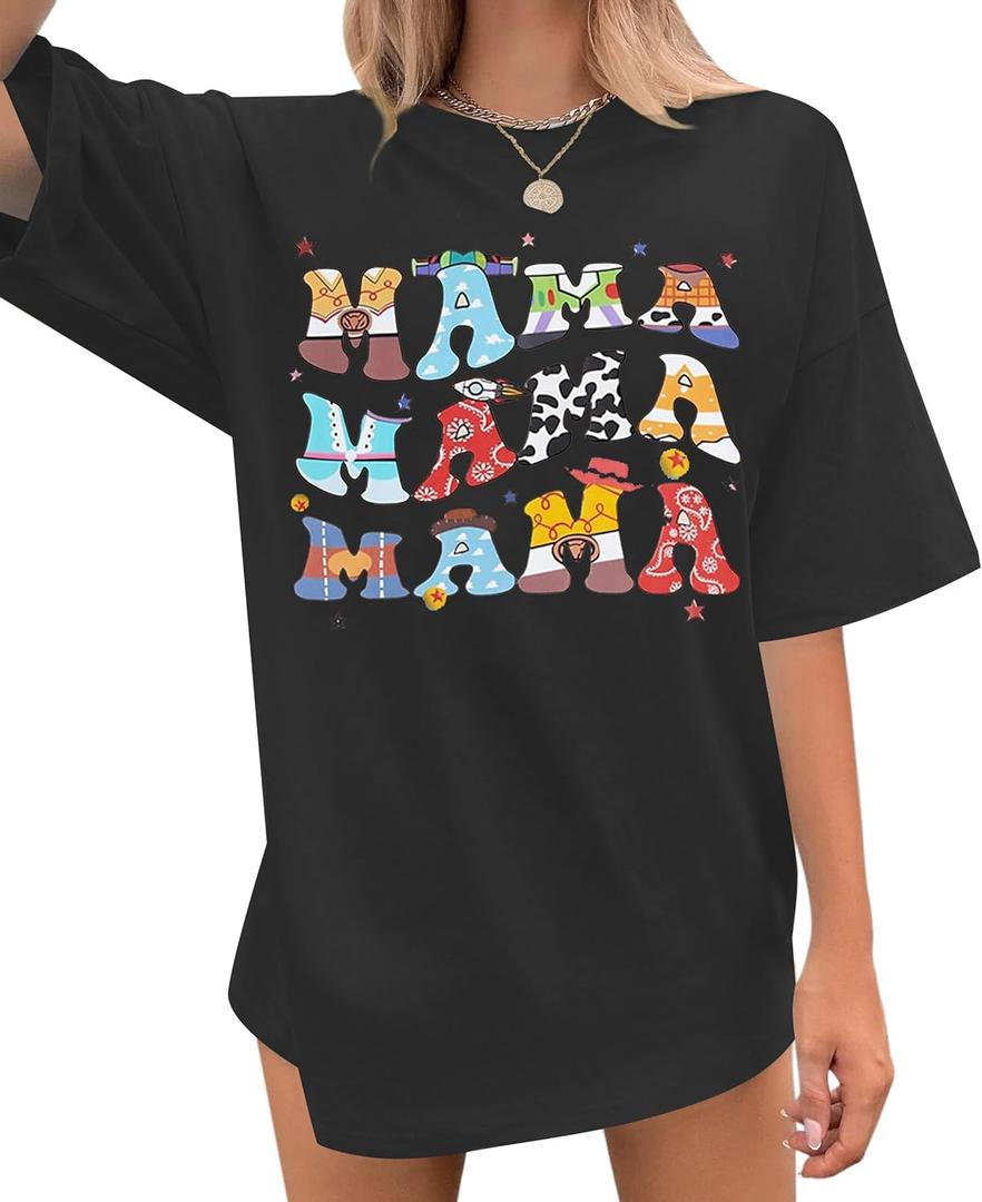 Mama Shirts for Women: Oversized Mama Letter Printed T-Shirt Mom Graphic Tees Loose Short Sleeve Tops Grey, One Siz