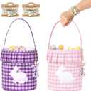 2 Pack Easter Basket with Bunny Name Tags Pink Purple Gingham Fabric with Embroidered Bunny Pattern Bucket with Handle and Ruffle Trim Reusable Rabbit Gift Bag for Easter Eggs Hunt Decorations