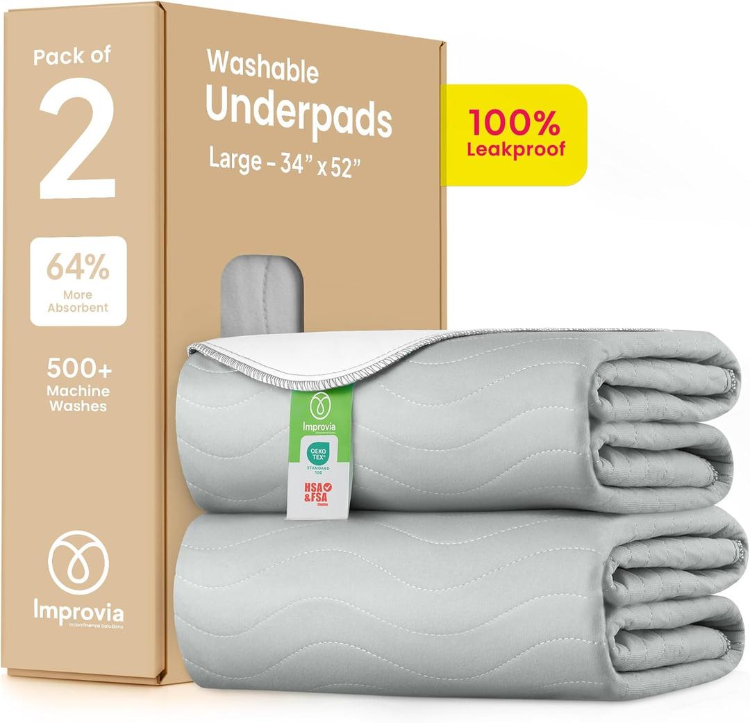 Improvia Washable Underpads 34" x 52" Pack of 2 Heavy Absorbency Reusable Bedwetting Incontinence Pads for Adults, Kids, & Pets - Waterproof Protective Pad for Bed, Couch, Sofa, Floor (Gray & White)