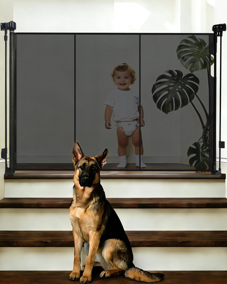 55" Wide Retractable Baby Gate for Stairs, 42" Extra Tall Retractable Dog Pet Gate with Support Rods, Mesh Screen Child Safety Gate for Doorways Hallways Deck Porch, Outdoor Indoor Use