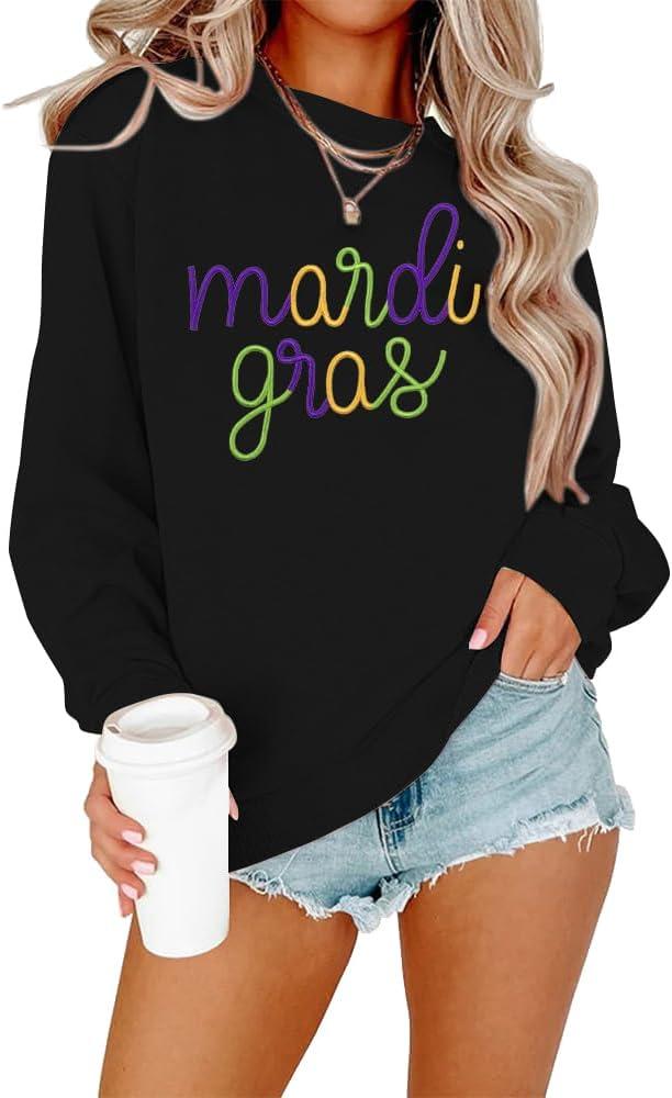 EGELEXY Mardi Gras Sweatshirt Carnival Outfits Women Carnival Embroidery Sweatshirts Fat Tuesday Pullover Tops (Black, XXL)
