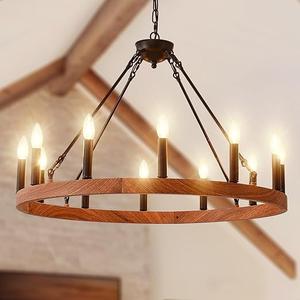 HHR 32'' Wagon Wheel Chandelier with Wood Grain Finish, 12-Light Farmhouse Wagon Wheel Chandeliers for Dining Room, Modern Round Iron Candle Chandeliers Light for Living Room, Foyer, Entryway, E12