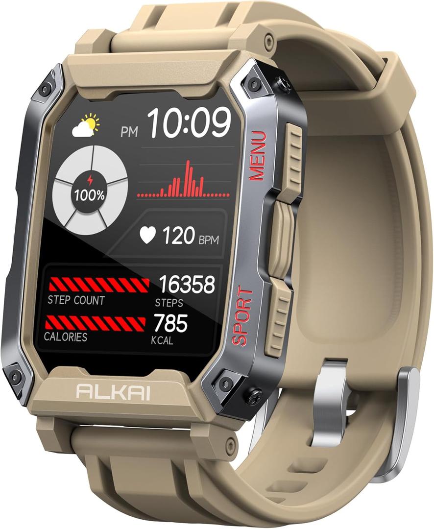 ALKAI Smart Watch Rugged and Military with 5ATM Waterproof Bluetooth Call(Answer/Dial Calls) AI Assistant, Long-Lasting Battery Life, Multiple Sports Tracking, Health Monitoring, 2.02'' HD Display (Khaki)