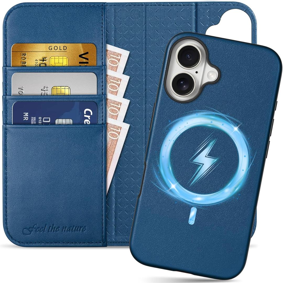 SHIELDON Wallet Case for iPhone 16 Plus 5G 6.7", Genuine Leather Detachable RFID Blocking Card Case Folio Magnetic Shock-Absorbent Wireless Charging Compatible with iPhone 16 Plus - Nappa Royal Blue