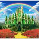 7x5ft Polyester Green Castle Backdrop Yellow Brick Road Rainbow Sky Photography Background Floral Banner Party Decorations Photo Props