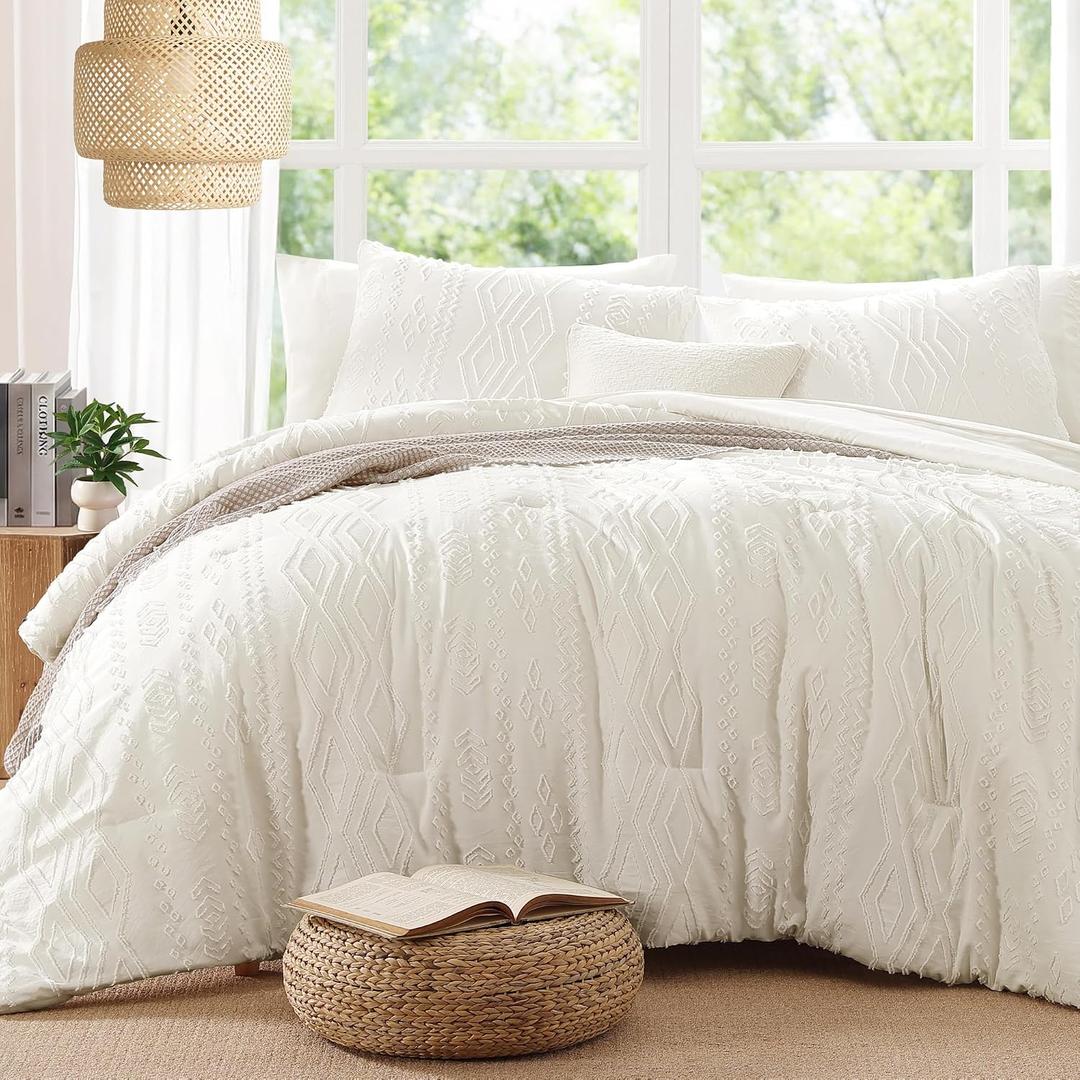 AMBERSPACE King Size Comforter Set White, Tufted Boho Bedding Farmhouse Bed Set, All Season 7 Pieces Bed in a Bag with Sheets, Pillowcases & Shams