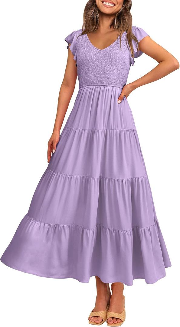 PRETTYGARDEN Women's Summer Flowy Maxi Dress Casual Cap Sleeve V Neck Smocked Beach Sundress (Purple, S)