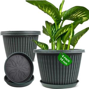 Large-Planter-Indoor-Outdoor Plant Pots, 14 inch 4 Pack Plastic Flower Pots with Saucer And Drainage Holes, Modern Garden Planters For Planting Medium Large Plants Decorative Resin Garden Pots (Blue Green)