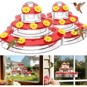 Birdream Hummingbird Feeders for Window, 2 Pack-18oz Suction Cup Hummingbird Feeder with 9 Feeding Ports & Clean Brush, Attracting Ruby Throated Anna Rufous - Red