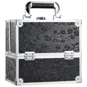 FRENESSA Makeup Train Case Cosmetic Box Portable Makeup Case Organizer 4 Trays Travel Case Storage with Dividers Lockable for Make up Artist Crafter Nail Kits Tools Black Floral
