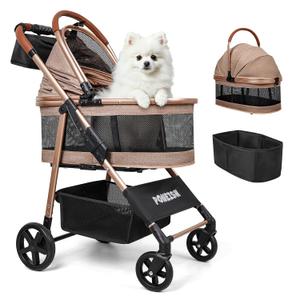 Pet Stroller for Small/Medium Dogs & Cats Up to 50 lbs, 3-in-1 Foldable Stroller w/Detachable Carrier & Car Seat, Removable All-Season Liner, Sunshade, Storage Basket & Cup Holder, All-Terrain, Khaki
