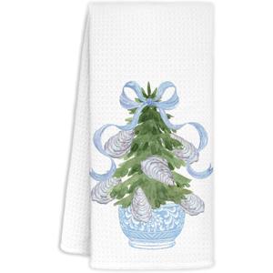 Christmas Chinoiserie Kitchen Towels Decor,Blue Bow Oyster Christmas Tree Towels Gifts,Blue Christmas Hand Towels for Bathroom Kitchen,Grandmillennial Decor,16x24 Inches