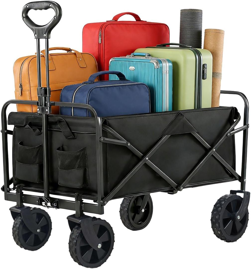 Folding Beach Wagon 420lbs Heavy Duty Collapsible Wagon Cart with 360 Swivel Wheels&Front Pocket, for Grocery,Shopping,Outdoor&Camping