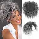 Adancyler Natural Afro Kinky Curly Short Hair Toppers with Bangs Black Clip in Synthetic Wiglets Hair Pieces for Men and Women with Thinning Hair Instant Volume and Style(6 Inch, 1B/Gray)