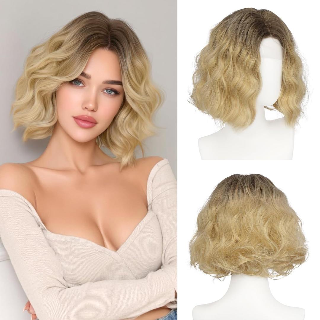 Haloo Blonde Bob Wig for Women Lace Front Hairline Short Soft Wavy Curly Natural Looking Middle Part Synthetic Hair Wigs for Daily Party, 11 Inch Ombre Blonde