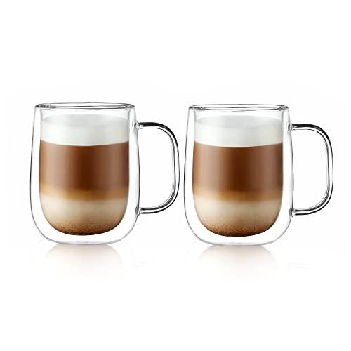 CNGLASS Large Double Wall Glass Coffee Mug 15.2oz, Clear Insulated Glass Espresso Cup with Big Handle, Set of 2