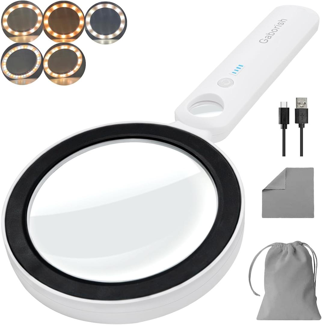 Glass Magnifying Glass with Light Handheld 10X 30X Magnifier with 36 LEDs, 5 Color Modes Rechargeable Lighted Magnifiers, Gift for Senior Reading, Coin, Stamps, Inspection (Black & White)