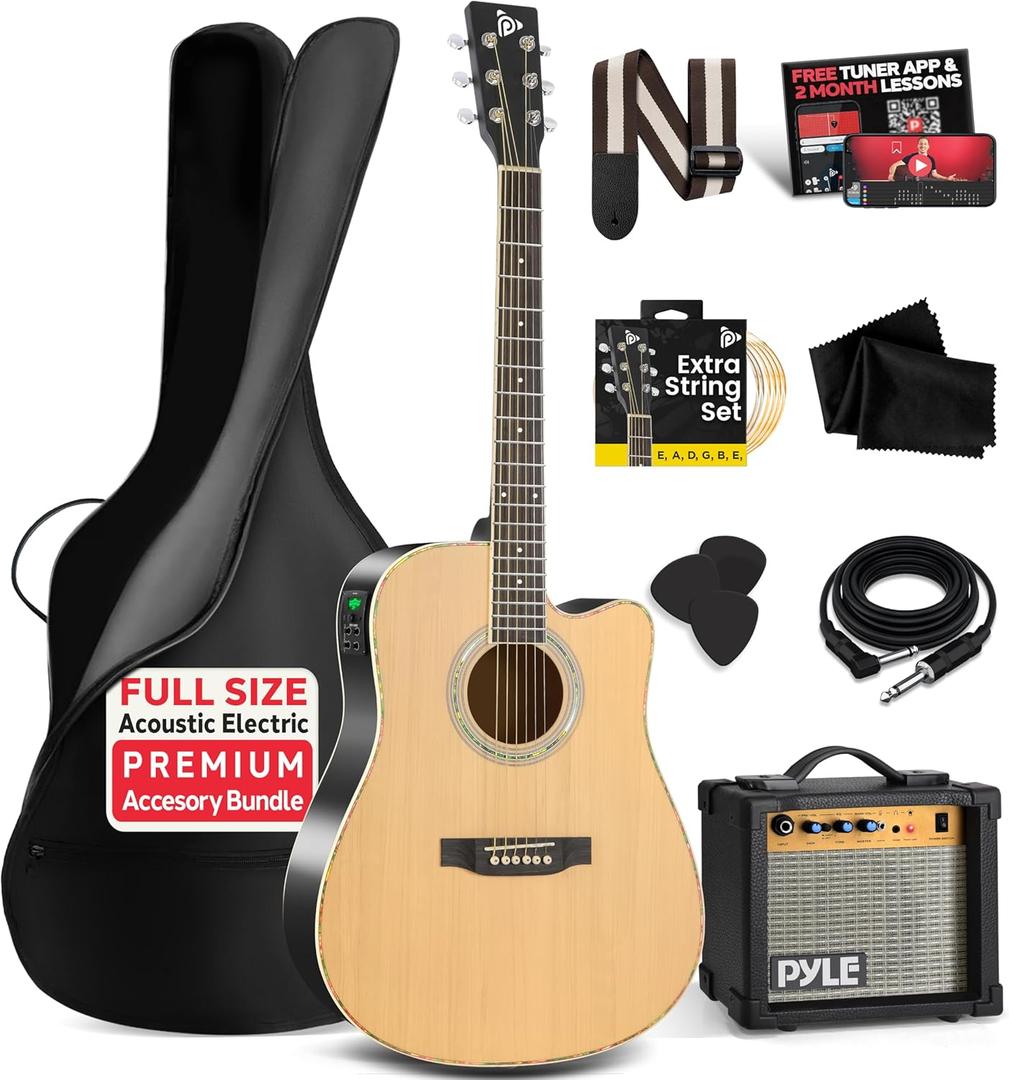Pyle Cutaway Acoustic Electric Guitar and Amp Kit, 4/4 Full Size Spruce Wood Body with 10W Amplifier, Gig Bag, Strap, Extra Steel Strings, Picks, Cable, for Beginners and Adults, Natural