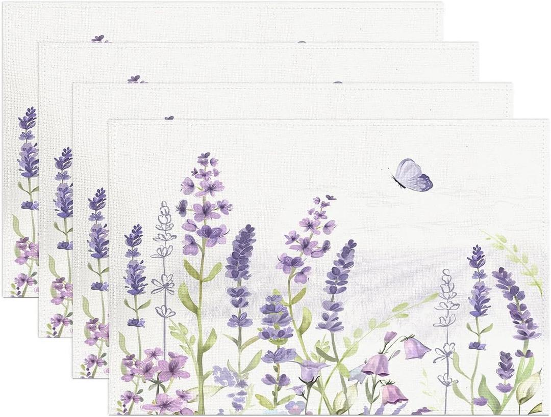 Purple Lavender Placemats Set of 4 Spring Elegant Flower Butterfly Nature Table Place Mat Non-Slip Heat Resistant Cotton Linen Place Mats for Home Kitchen Dining Table, 12"x18"