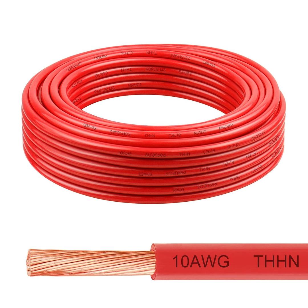 THHN Wire 10 Gauge 25 FT, 10 AWG Stranded OFC Copper Electrical Building Wire with Nylon Jacket PVC Insulation, Rated 600V for Residential, Industrial, CNC, Ground (10 Gauge, Red)