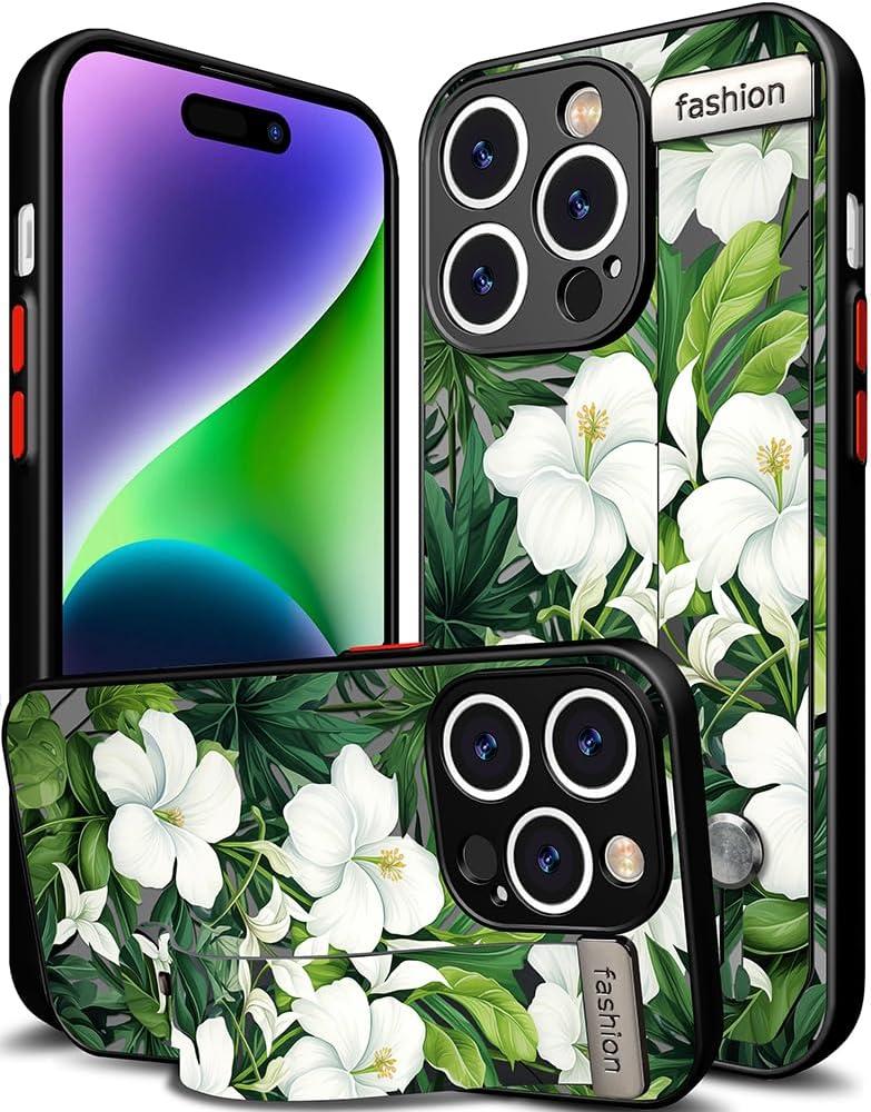 Compatible for iPhone 14 Pro Max Case Cute with Strap Stand Finger Kickstand, Designer Cool Silicone Cases Funda Cover - Green Fresh Tropical Leaves