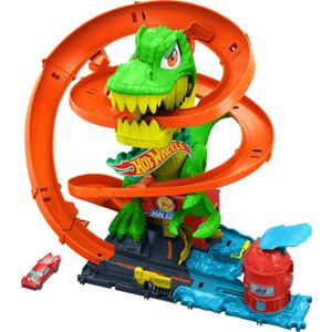 Hot Wheels Toy Car Track Set, City T-Rex Blaze Battle Playset & 1:64 Scale Die-Cast Vehicle, 18 Tall, Multiple Race Outcomes, Spinning Dinosaur Eyes