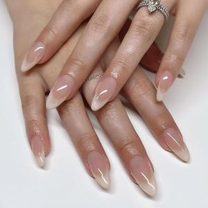 24Pcs Nude Gradient French Tip Press on Nails Medium Length Almond Shaped Artificial Acrylic Fake Nail TBRZTR Full Cover Reusable Glossy Nature French Coffin False Nail Glue on Nails for Women