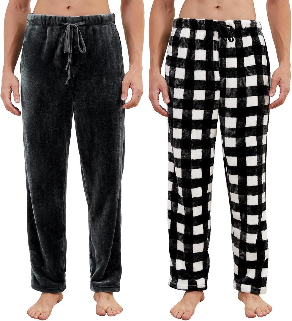 2 Pack Mens Plush Pajama Pants, Fluffy Warm Fleece Sleep Pj Soft Lounge Bottoms with Pockets for Winter (Black, L)