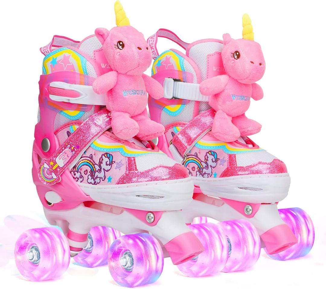 Unicorn Doll Kids Toddler Roller Skates for Girls,WESKIFAN Quad Skating Shoes with Shiny Light up Wheels&Adjustable Sizes Beginners rollerskates for Birthday Xmas Gifts,Patines para Nias Nios (XS(6-9J), Pink)