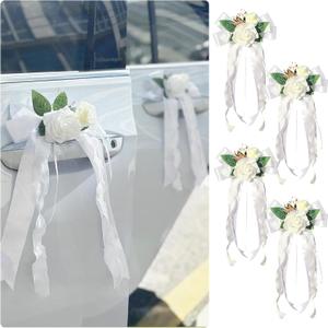 4PCS Wedding Car Door Handle Decorative Flowers, White Artificial Cars Bouquet Flower Bowknot Ribbon Decor, Just Married Automotive Decorations Accessories for Door Handles