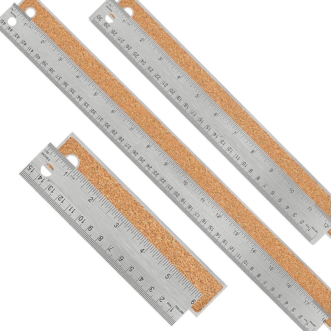 Metal Ruler Set [6+12+18 Inch] Stainless Steel Rulers with Cork Backing, Non-Slip Measuring Tools with Inch & Centimeter Markings, Drafting and Office Use, Prevents Ink Leakage