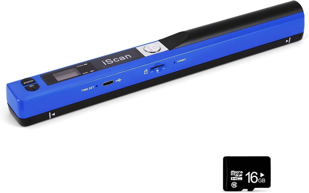 AOZBZ Portable Document Scanner - 900DPI Handheld Portable Scanner Image Scanner Scanning Wand A4 Colour Photo Mobile Scanners Handy Scan, JPG/PDF Format, with 16G SD Card (Blue)