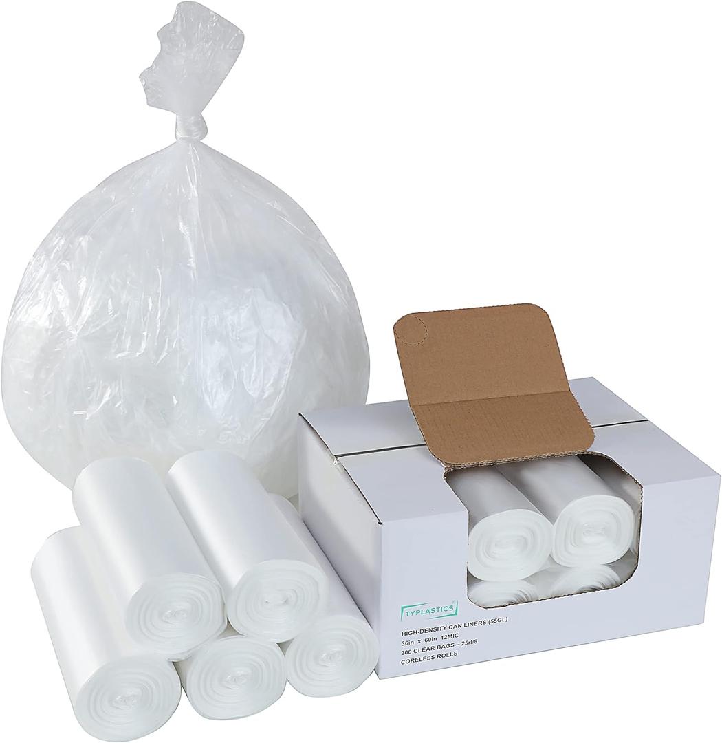 TYPLASTICS 55 Gallon Clear Trash Can Liners - 36" x 60" - High Density Garbage Bags - Case of 200 - Multipurpose for Office, Outdoor, Recycling, Industrial and Commercial (1 Count (Pack of 200))